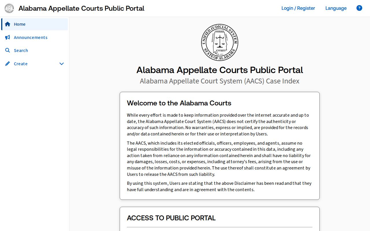 Alabama Appellate Courts Public Portal case search interface