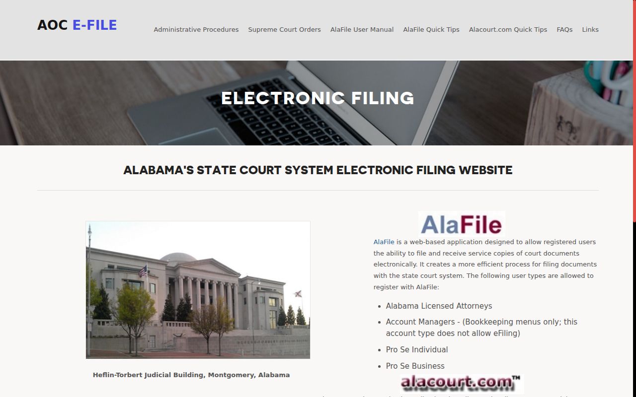AlaFile electronic filing login screen for Alabama courts