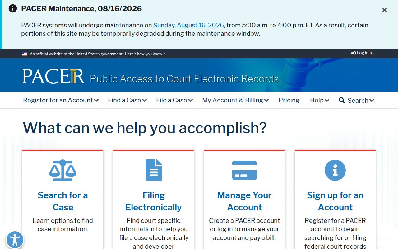 PACER federal court docket search entry page