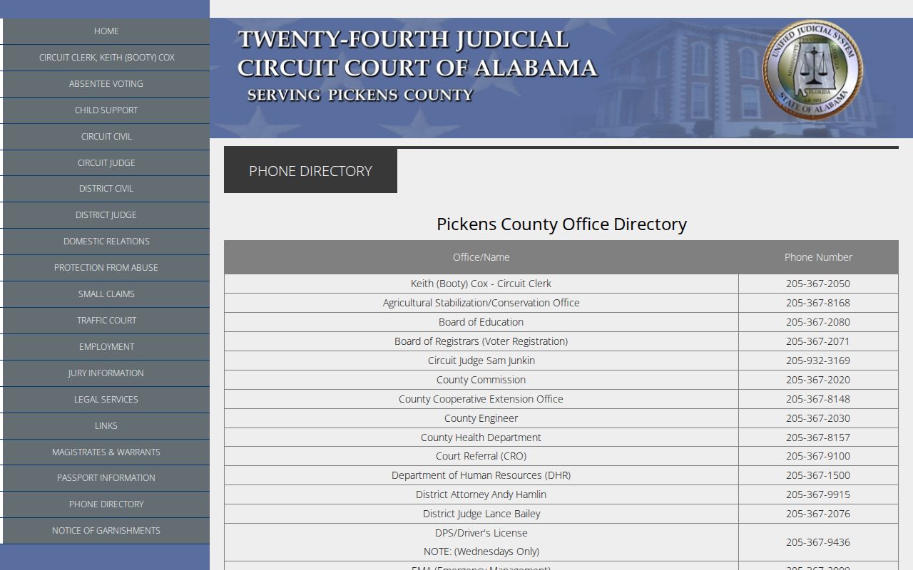 Pickens County court docket official court phone directory
